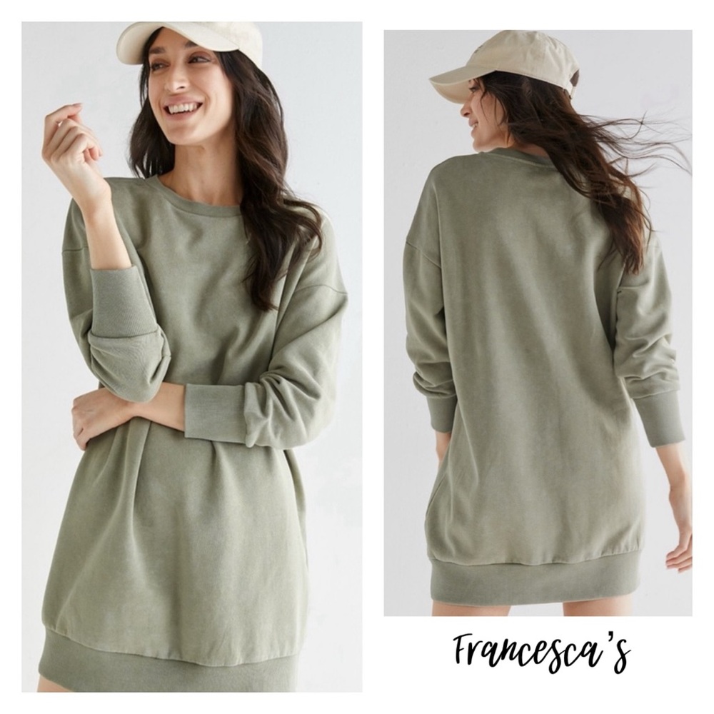 New Francesca’s Diamond Wash Shift Olive Green Shift Dress - Picture 2 of 6